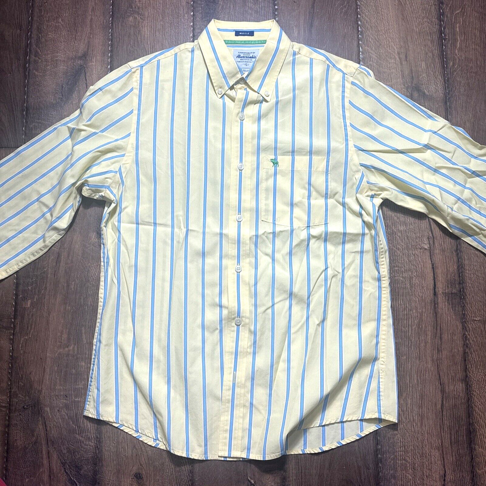 Abercrombie Fitch Muscle Yellow/Blue Striped Button Down Shirt Men Large UGC
